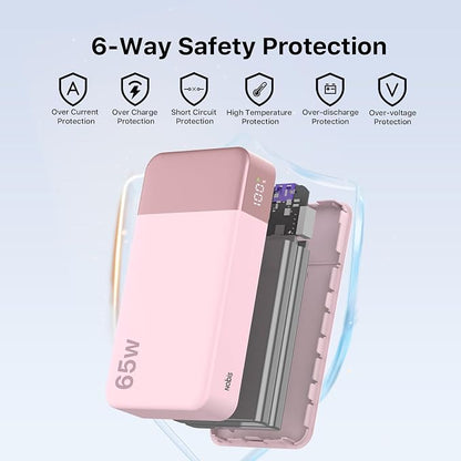 NOBIS 20000mAh Battery Pack Power Bank 65W Power Bank, Portable Charger with Digital Display, Dual USB-C/USB-A Fast Charging for Laptop, Phone, Tablet, Travel-Friendly External Battery Pack