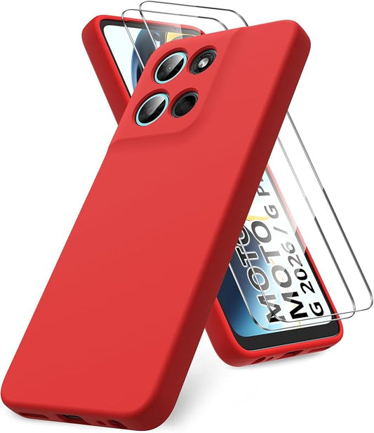 for Motorola Moto G 2026/G Play 2026 Case, 2 Pack Tempered Glass Screen Protectors, Soft TPU Liquid Silicone Shockproof Gel Cover-Red