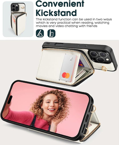 OCASE Compatible with iPhone 16 Pro Crossbody Wallet Case with Card Holder, PU Leather Zipper Handbag Phone Purse with RFID Blocking Kickstand Wrist Strap Lanyard 6.3 Inch, Cream