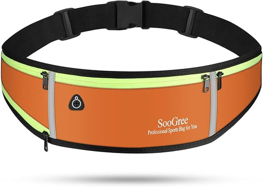 SooGree Men Women Running Belts,Slim Sport Belts,Waterproof Running Fanny Pack,Waterproof Running Waist Packs with Reflective Strip,Runner Belt for Running Walking Cycling Camping Gym (Orange)