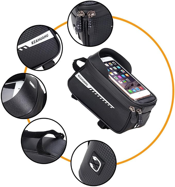 Bike/Bicycle Phone Holder Bag, Bicycle Front Frame Bag, Waterproof Tube Bag, Bike Accessories, Cycling Pouch with TPU Touch-Screen& Sun-Visor Compatible Phone Under 6.5” (Black)
