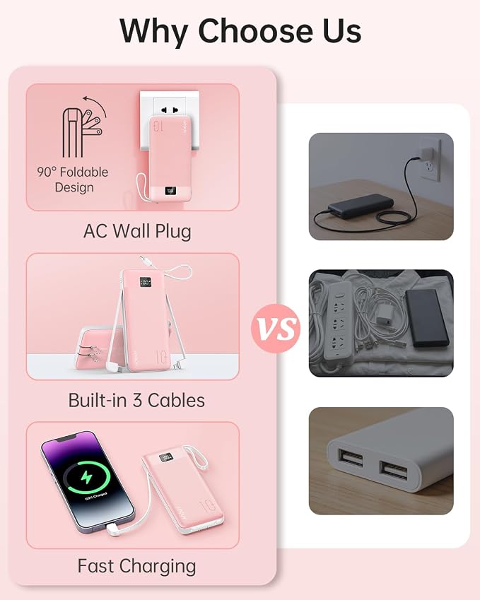 Portable Charger Built-in Cables and AC Wall Plug, 10000mAh 22.5W PD Fast Charging Power Bank, Lightweight Compact Battery Pack Travel Essentials for iPhone 17/16/15/14/13 Series,Samsung,Tablets
