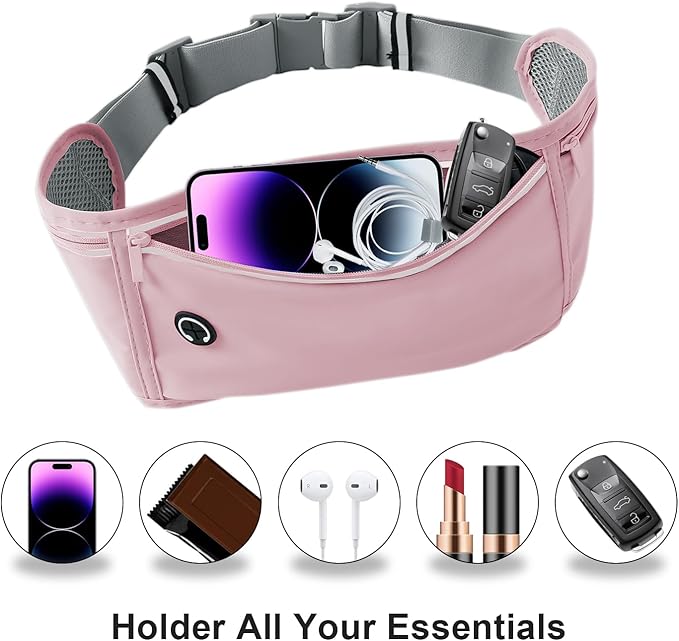 Slim Running Belt for Women Men,Runners Fanny Pack Phone Holder,Money Belt,Running Gear Accessories,with 3 Pockets.(Pink)