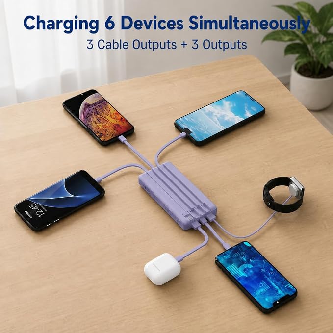 10000mAh Portable Charger with 4 Built-in Cables, 22.5W Fast Charging Power Bank, LED Display, Slim Travel Battery Pack for iPhone 17/16/15/14, Samsung Galaxy, iPad & More