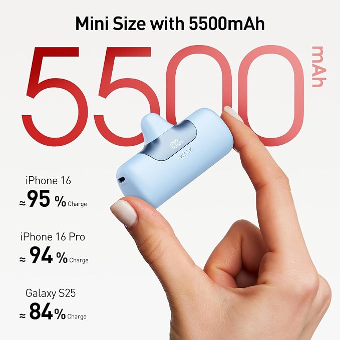 iWALK Portable Charger 5500mAh Next-Gen Small Power Bank 22.5W Fast Charging Battery USB-C Portable Phone Charger for iPhone 17/16/15 17 Plus 17 Pro Max iPad, Samsung Galaxy S25 S24 Android,Baby Blue