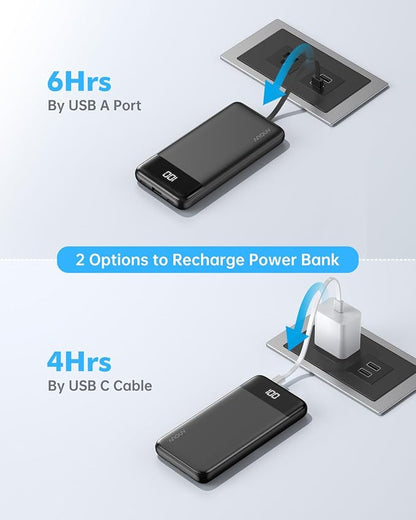 Portable Charger with Built-in Cables 10000mAh Power Bank with Cords, Slim Battery Pack with LED Display, Travel Essential Portable Charger for iPhone 17/16/15/14 Series, Android Samsung Google Pixel