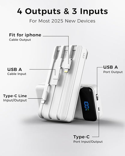 Portable Charger 40000mAh Power Bank, PD 22.5W Fast Charging | Built-in Cable, 4 Output 3 Input, Digital Display, Compatible with iPhone 17 16 15 14 13 Android