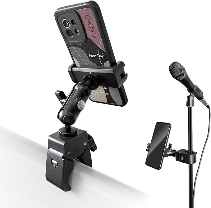 Clip Phone Holder for Desk,Pole,Pipe,Boom,Flat Surface with Adjustable Aluminium Arm Phone Clamp Mount for Mic Stand,Treadmill Compatible with All 4-7” Cell Phone (Short-Aluminium Arm Phone Holder)