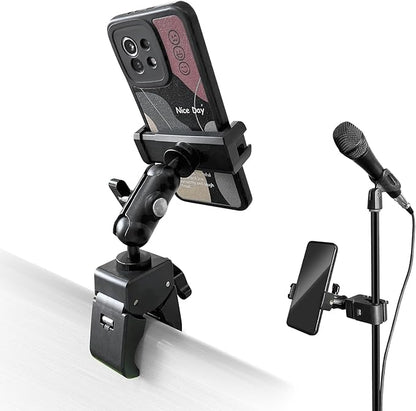 Clip Phone Holder for Desk,Pole,Pipe,Boom,Flat Surface with Adjustable Aluminium Arm Phone Clamp Mount for Mic Stand,Treadmill Compatible with All 4-7” Cell Phone (Short-Aluminium Arm Phone Holder)
