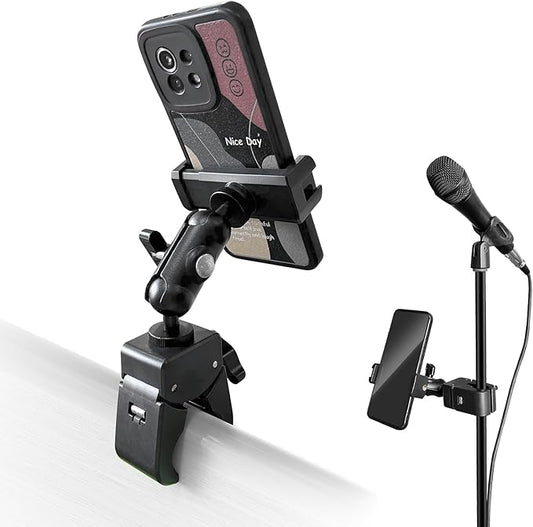 Clip Phone Holder for Desk,Pole,Pipe,Boom,Flat Surface with Adjustable Aluminium Arm Phone Clamp Mount for Mic Stand,Treadmill Compatible with All 4-7” Cell Phone (Short-Aluminium Arm Phone Holder)
