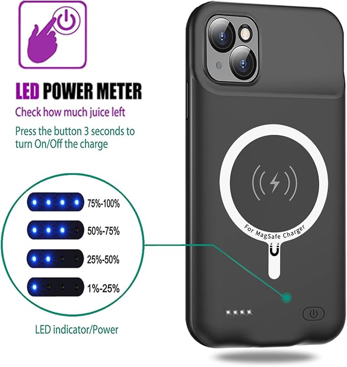Wireless Charging Case for iPhone 14 Plus, 12000mAh High Capacity Portable Rechargeable Battery Case Wireless Charging Compatible with iPhone 14 Plus (6.7 inch) Extended Battery Charger Case (Black)