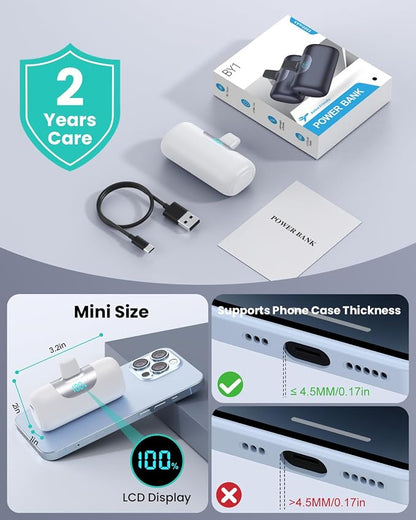 Mini Portable Charger for iPhone,Upgraded 22.5W PD Fast Charging 5500mAh Ultra-Compact Power Bank,LCD Display Plug-in Cute Battery Pack Travel Essentials for iPhone 14/14Pro/13/12/11/X/8/7/6 (White)