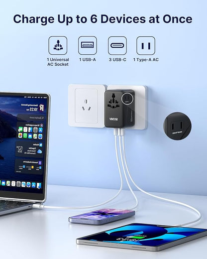 VINTAR 140W GaN Universal Travel Adapter, 6-in-1 International Power Adapter with 2AC, 3 USB-C PD & 1 USB-A QC, All-in-One Charger Compatible with EU/UK/US/AU for Laptops, Tablets, Phones, Cameras
