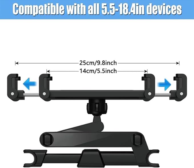 Car Headrest Phone Tablet Holder, 360° Rotating Extension Arm, Fits 4.7-11 Inch, Universal Travel Must-Have for Kids, Universal Smartphone Holder