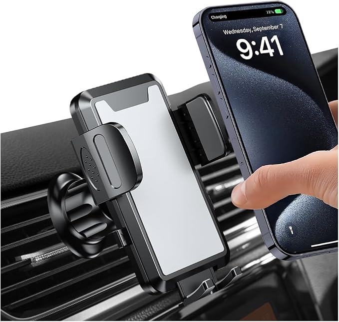 Car Phone Holder Mount, 360° Rotation Adjustable Vehicle Phone Stand with Metal Hook Clip, Auto Cellphone Holder Mount for Air Dashboard Windshield Vent, Universal for SUV RV Truck (Gray)
