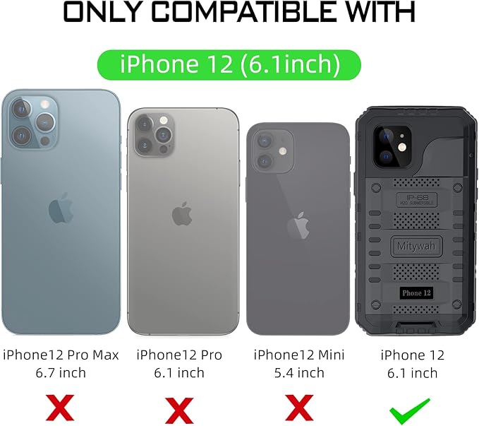 Mitywah Waterproof Case for iPhone 12, Heavy Duty Shockproof Case with Built-in Screen Protector, Full Body Underwater Protective Metal Case 6.1 inch, Black