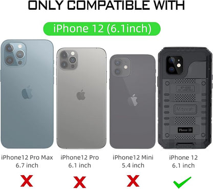 Mitywah Waterproof Case for iPhone 12, Heavy Duty Shockproof Case with Built-in Screen Protector, Full Body Underwater Protective Metal Case 6.1 inch, Black