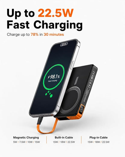 for Magsafe Power Bank iPhone, USB C Magnetic Portable Charger Fast Charging Built in Cable, 10000mAh Wireless Battery Pack for iPhone17/16/15/14/13/12, Travel & Daily Use Essentials Powerbank