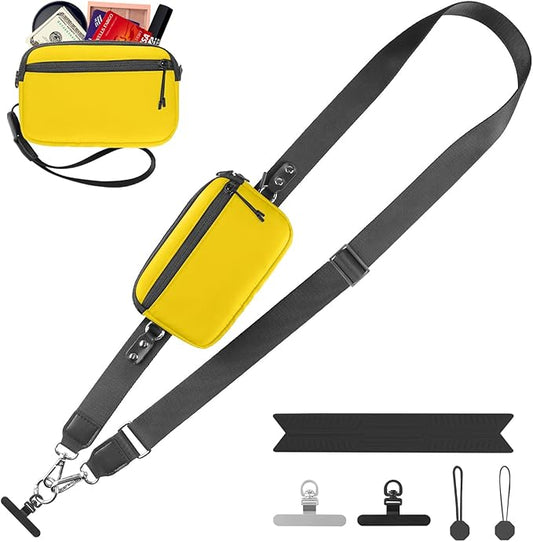 YFWE Clip and Go Strap for Phone with Wallet Crossbody, Adjustable Phone Lanyard with Detachable RFID Wristlet Wallet & Ultra-Thin 360° Rotatable Metal Tabs for All Smartphones (Yellow)