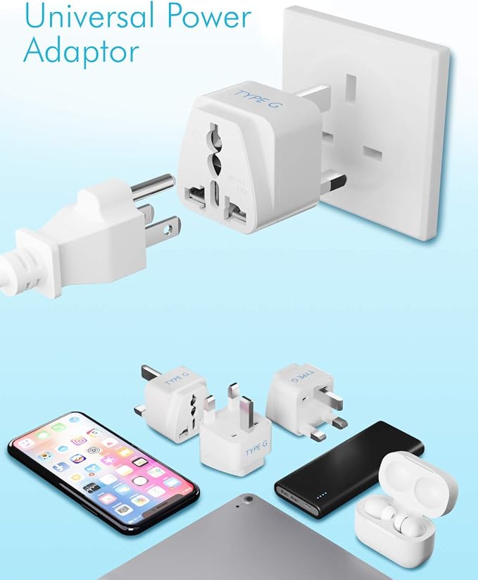 Ceptics UK, Hong Kong, Ireland, UAE Travel Plug Adapter (Type G) - 3 Pack [Grounded & Universal] (GP-7-3PK), White, Standard | UK Travel Plug Adapter, UK Adapter for Ireland, UAE & Hong Kong, Type G Adapter for Travel for US Travelers