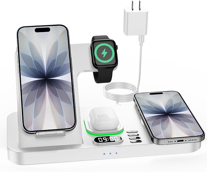 Dual Phone Wireless Charging Station for Apple Devices, Magnetic Charging Station for iPhone with Auto Switch 7-Color Light&Clock, Family Watch Charger for iPhone17 for iWatch11 for AirPods Pro3(Snow)
