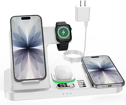 Dual Phone Wireless Charging Station for Apple Devices, Magnetic Charging Station for iPhone with Auto Switch 7-Color Light&Clock, Family Watch Charger for iPhone17 for iWatch11 for AirPods Pro3(Snow)