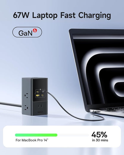 Baseus Charging Station 67W, 10-in-1 USB-C PD Fast Charging Desktop Charger with 1200J Surge Protection, 5ft Extension Cord, 6 AC, 3 USBC, 1 USBA Ports for iPhone 16/15, MacBook, Tablet, Desktop