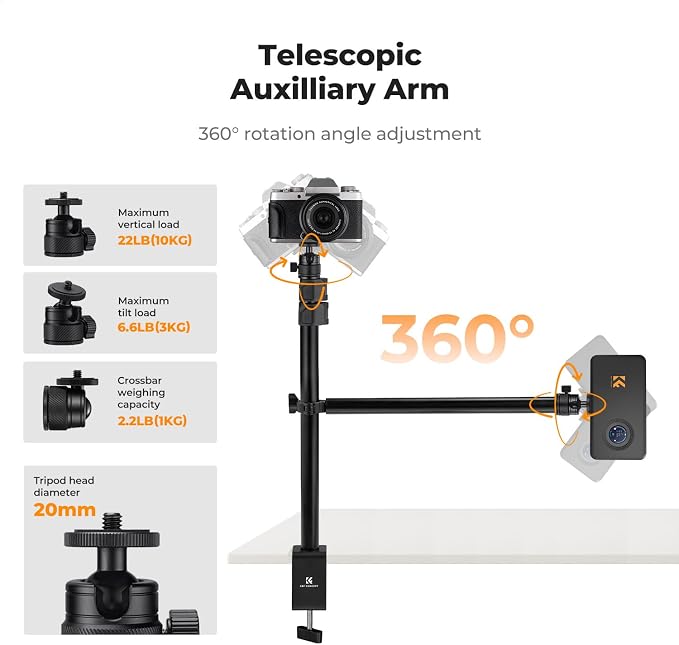 K&F CONCEPT Desk Mount Stand with Extension Arm, 37-91cm Adjustable Overhead Camera Mount, 1/4" Ball Head & 3/8" Adapter, C-Clamp for Ring Light, DSLR Camera, Smartphone, Live Streaming, Video