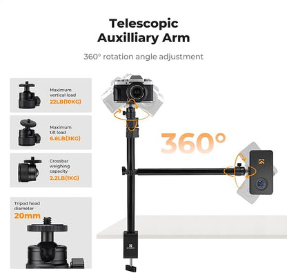 K&F CONCEPT Desk Mount Stand with Extension Arm, 37-91cm Adjustable Overhead Camera Mount, 1/4" Ball Head & 3/8" Adapter, C-Clamp for Ring Light, DSLR Camera, Smartphone, Live Streaming, Video