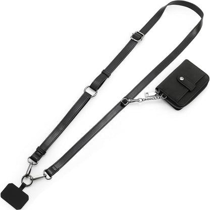 Diaclara Clip and Go Leather Phone Strap with Zipper Pouch- Stylish Crossbody Adjustable Lanyard with Wallet for All Phones, Black