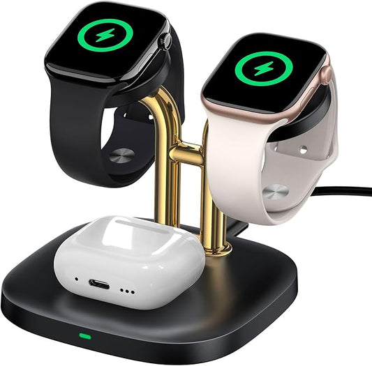 Dual Watch Charger with Fast Charging for Apple Watch, SwanScout 704A, 3-in-1 Wireless Charging Station Stand for Apple Watch Ultra 3/11/10, Wireless Charger Dock for AirPods Pro 3/4/3 (Black & Gold)