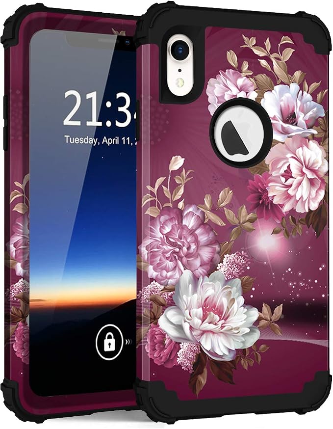 Hocase for iPhone XR Case, Heavy Duty Shockproof Protection Soft Silicone Rubber+Hard Plastic Bumper Hybrid Dual Layer Protective Case for iPhone XR (6.1-inch) 2018 - Royal Purple Flowers