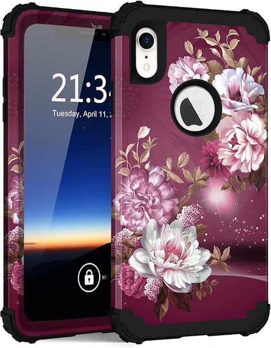 Hocase for iPhone XR Case, Heavy Duty Shockproof Protection Soft Silicone Rubber+Hard Plastic Bumper Hybrid Dual Layer Protective Case for iPhone XR (6.1-inch) 2018 - Royal Purple Flowers
