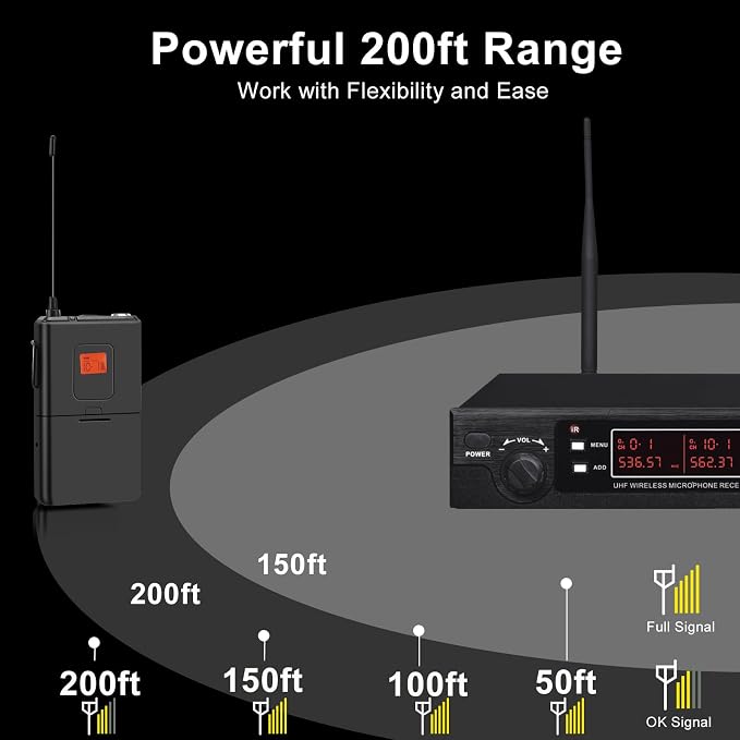 200-Channel Wireless Lavalier Microphone, Dual UHF Bodypack Cordless Lavalier Mic System Set, Auto Scan, Long Range 200-240Ft, 16 Hours Use Ideal for Speaking, Classroom 2023 333B…
