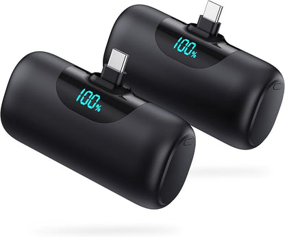 [2-Pack] 6000mAh Portable Charger for iPhone 17/16, LCD Display USB C Mini Power Bank,PD Fast Charging Lipstick Sized Battery Pack for iPhone 17/16/15 Pro Max, Galaxy S25/S24, Pixel (Inky+Inky)