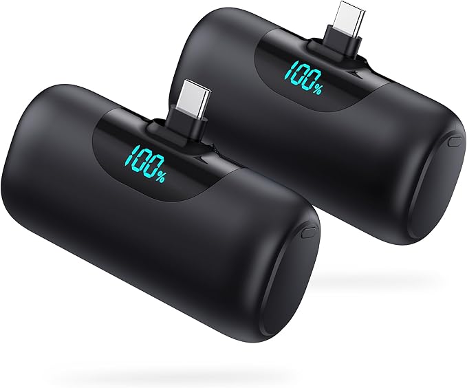 [2 Packs] 5500mAh Portable Charger for iPhone 17/16, LCD Display USB C Mini Power Bank, Fast Charging Travel Lipstick Sized Battery Pack for iPhone 17/16/15 Pro Max, Galaxy S25/S24, Pixel(Inky+Inky)