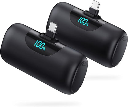[2 Packs] 5500mAh Portable Charger for iPhone 17/16, LCD Display USB C Mini Power Bank, Fast Charging Travel Lipstick Sized Battery Pack for iPhone 17/16/15 Pro Max, Galaxy S25/S24, Pixel(Inky+Inky)