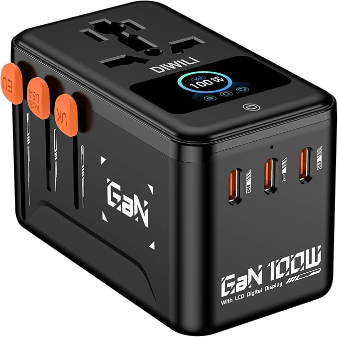 100W GaN Universal Travel Adapter with Smart Display, International Power Adapter with 3 USB-C & 1 USB-A Charging Ports, Worldwide Plug Adapter for European US UK AUS (Type C/G/A/I)