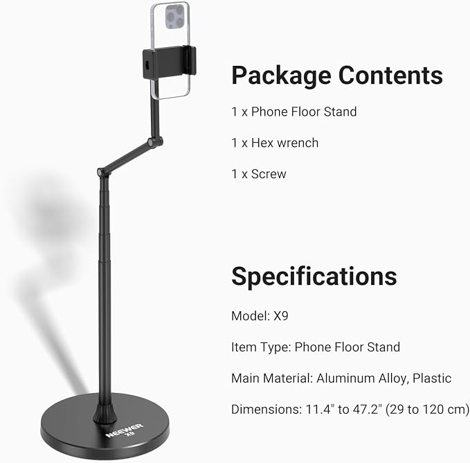 NEEWER Entry Level Version Phone Floor Stand, Adjustable Office Table Bedside Cell Phone Holder Clamp Holder Mount Compatible with iPhone Samsung Android for Video Recording, Weighted Metal Base, X9
