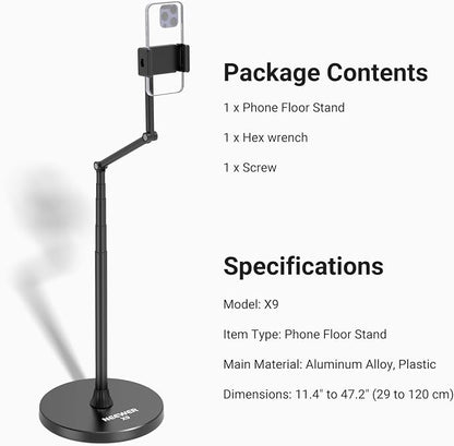 NEEWER Entry Level Version Phone Floor Stand, Adjustable Office Table Bedside Cell Phone Holder Clamp Holder Mount Compatible with iPhone Samsung Android for Video Recording, Weighted Metal Base, X9