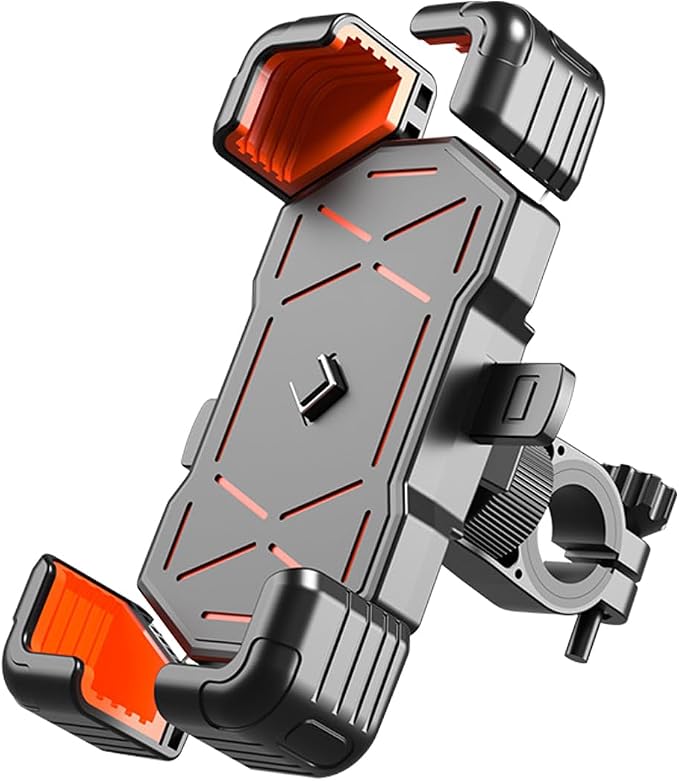AUCELI Motorcycle Phone Mount, ABS Quick Release Bike Phone Holder for 4.7''-7.2'' Phones, Anti Shake with 360 Rotatable Phone Clip, Handlebar Clamp (Orange)