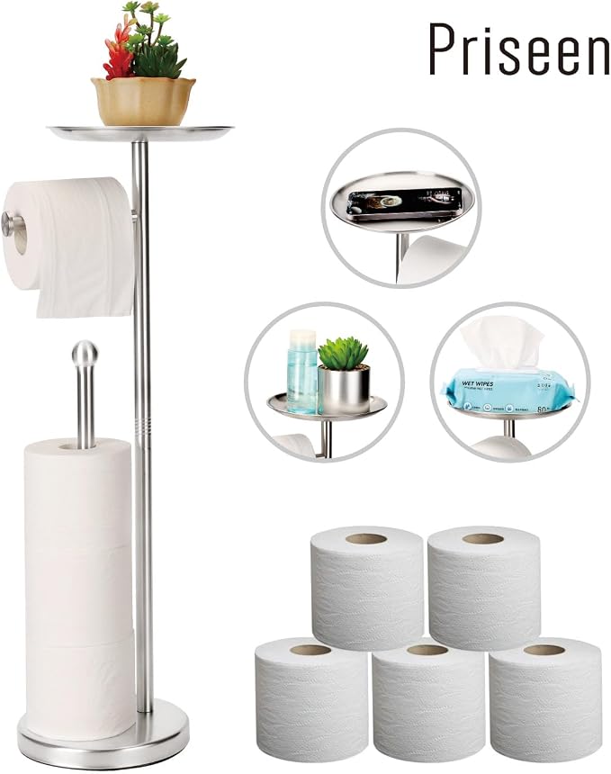 Toilet Paper Holder Stand with Phone Shelf, Freestanding TP Holder, Holds 5 Rolls, Stainless Steel (Brushed Nickel)