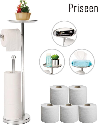 Toilet Paper Holder Stand with Phone Shelf, Freestanding TP Holder, Holds 5 Rolls, Stainless Steel (Brushed Nickel)