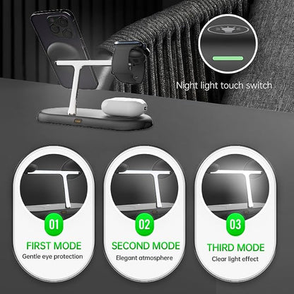 4 in1 Magnetic Wireless Charging Stand, 15W Fast Charging，with Neutral Light Design for iPhone 17/16、15/14/13/12 Series, iWatch and Sansung Watch, Airpods and Samsung TWS (T256-Black)