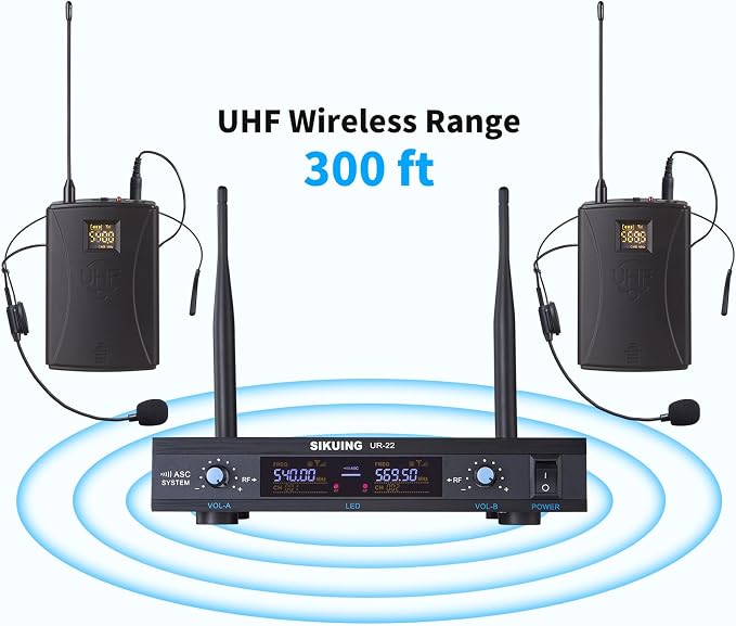 Dual Channel UHF Wireless Microphone System, 2x30 Adjustable Frequencies, Lavalier & Headset Microphone System for Meeting, Church, 300ft Range (2 Bodypack)