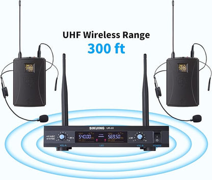 Dual Channel UHF Wireless Microphone System, 2x30 Adjustable Frequencies, Lavalier & Headset Microphone System for Meeting, Church, 300ft Range (2 Bodypack)