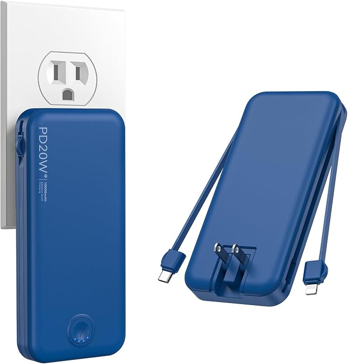 Nusyddy Portable Charger 10000mAh PD20W w/Built-in Cables & Wall Plug Navy | PD20W Fast Charging, Battery Indicator, Pass Through Charging, TSA Approved, Compact/Slim, Power Bank for iPhone/iPad/Samsung