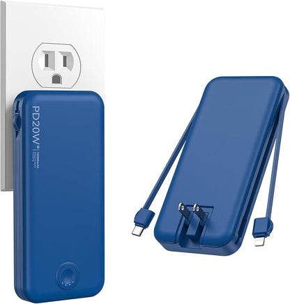 Nusyddy Portable Charger 10000mAh PD20W w/Built-in Cables & Wall Plug Navy | PD20W Fast Charging, Battery Indicator, Pass Through Charging, TSA Approved, Compact/Slim, Power Bank for iPhone/iPad/Samsung