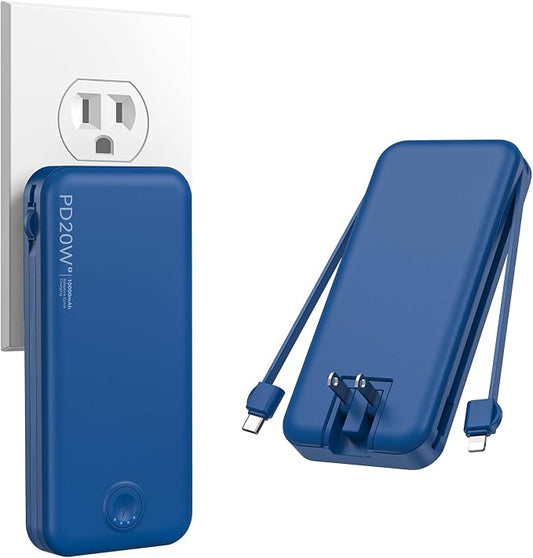 Nusyddy Portable Charger 10000mAh PD20W w/Built-in Cables & Wall Plug Navy | PD20W Fast Charging, Battery Indicator, Pass Through Charging, TSA Approved, Compact/Slim, Power Bank for iPhone/iPad/Samsung