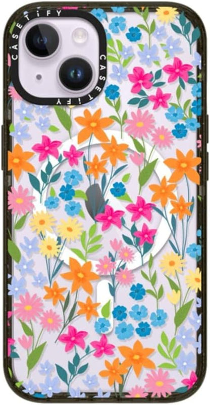 CASETiFY Impact iPhone 14 Case [4X Military Grade Drop Tested / 8.2ft Drop Protection/Compatible with Magsafe] - Bright Spring Flowers - Daisy Floral Pattern - Glossy Black